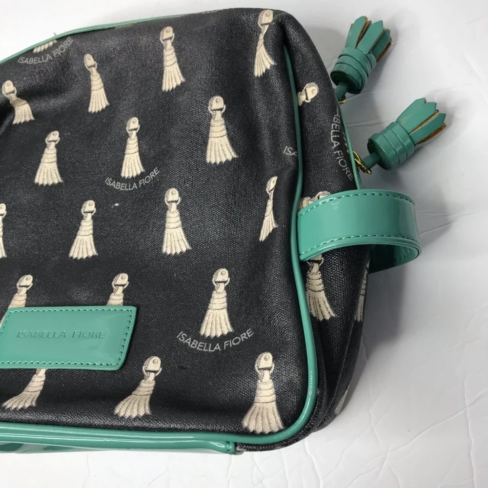 Isabella Fiore black and teal tassels make up bag